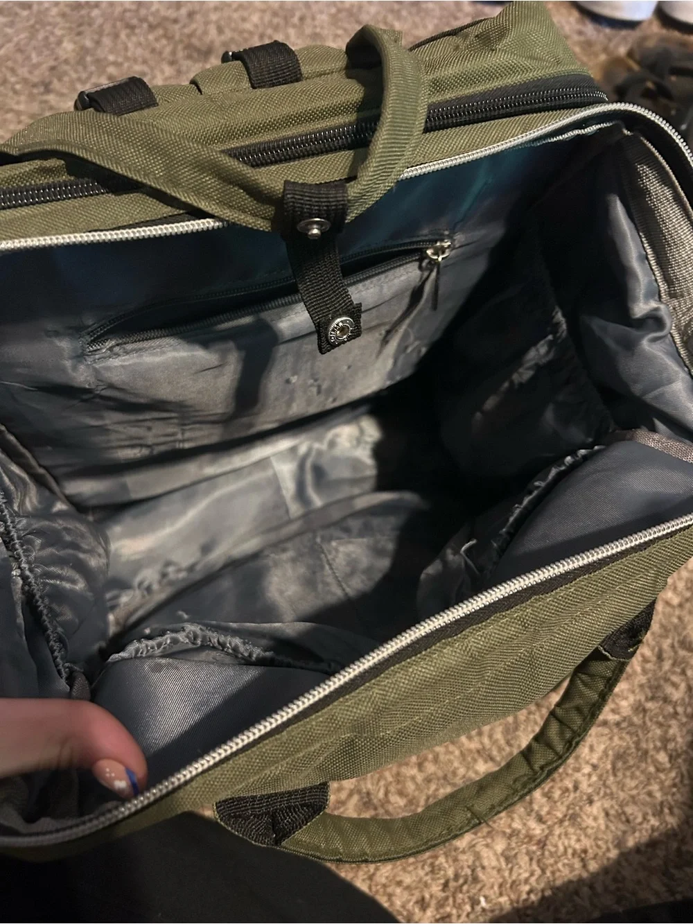 Amazon Olive Green Baby Diaper Backpack with Tan Accents